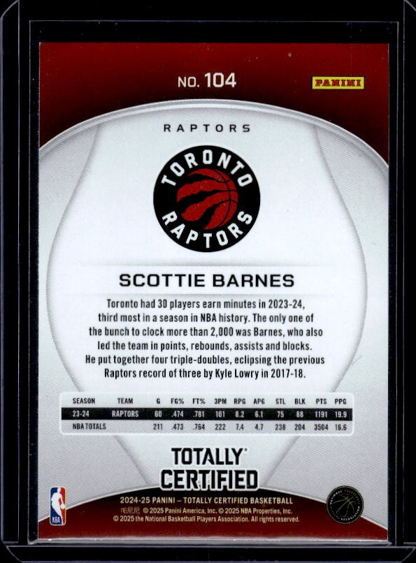 2024-25 Panini Totally Certified #104 Scottie Barnes Mirror Maroon