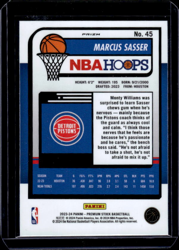 2023-24 Hoops Premium Stock #45 Marcus Sasser Seismic Prizm
