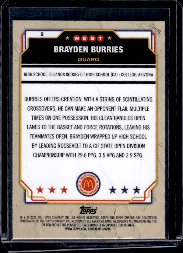 2025-26 Topps Chrome McDonald's All American #8 Brayden Burries