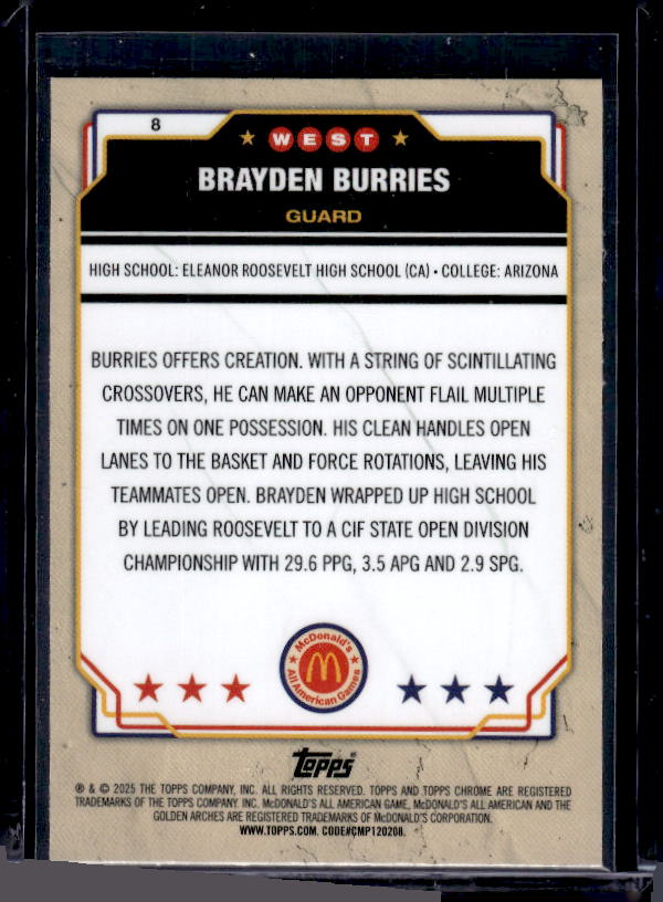 2025-26 Topps Chrome McDonald's All American #8 Brayden Burries