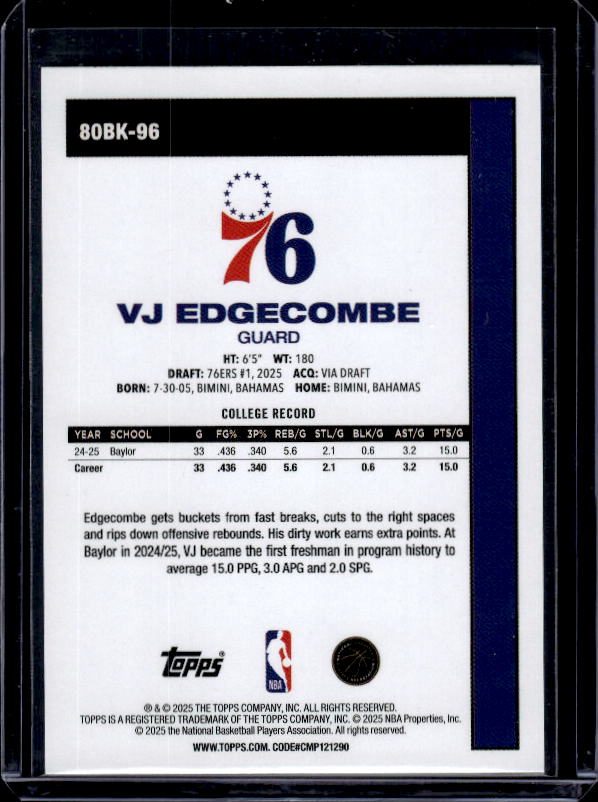 2025-26 Topps #80BK-96 VJ Edgecombe 1980-81 Topps Basketball