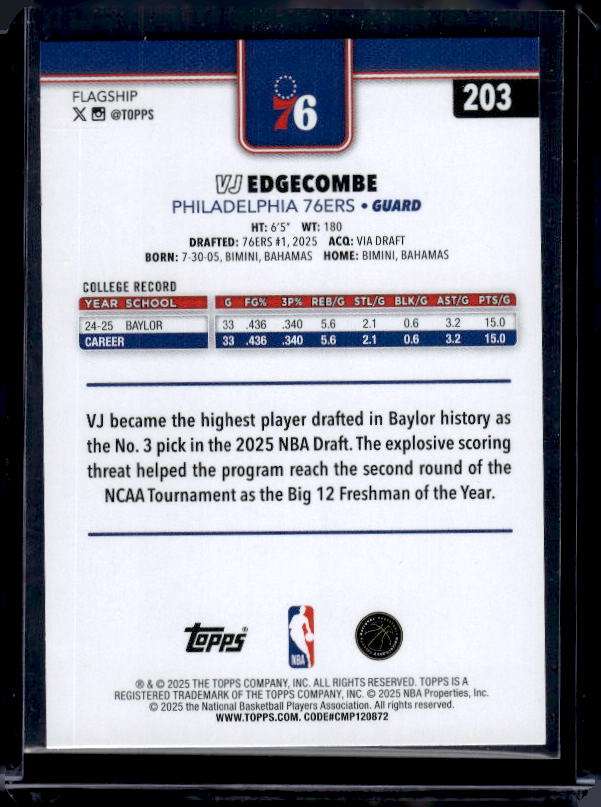 2025-26 Topps #203 VJ Edgecombe Season Tip Off