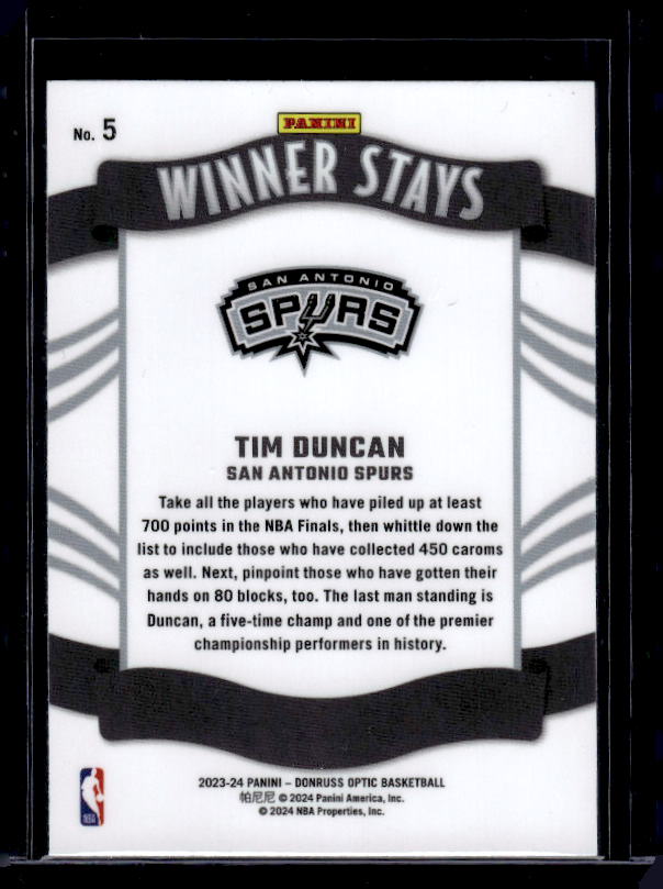 2023-24 Donruss Optic #5 Tim Duncan Winner Stays