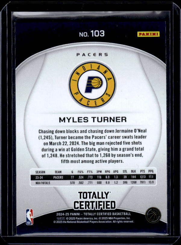 2024-25 Panini Totally Certified #103 Myles Turner Mirror Maroon