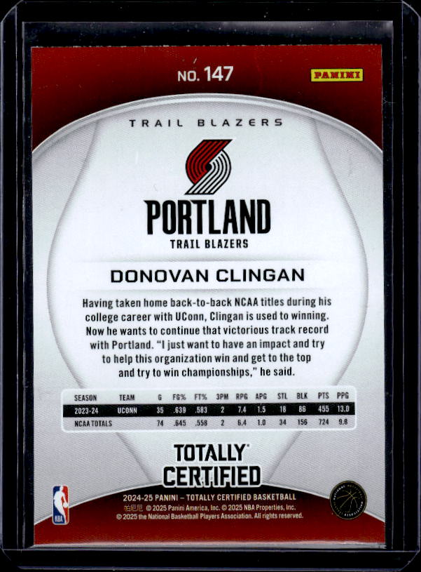 2024-25 Panini Totally Certified #147 Donovan Clingan Mirror Maroon