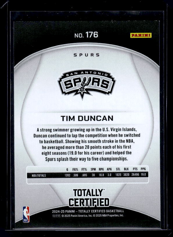 2024-25 Panini Totally Certified #176 Tim Duncan Mirror Maroon