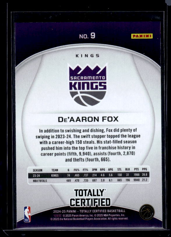 2024-25 Panini Totally Certified #9 De'Aaron Fox Mirror Maroon