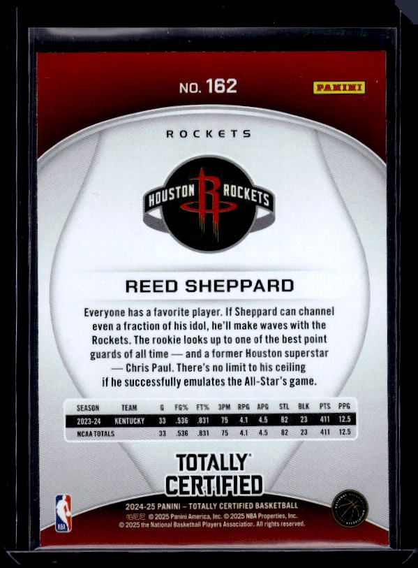 2024-25 Panini Totally Certified #162 Reed Sheppard Mirror Maroon