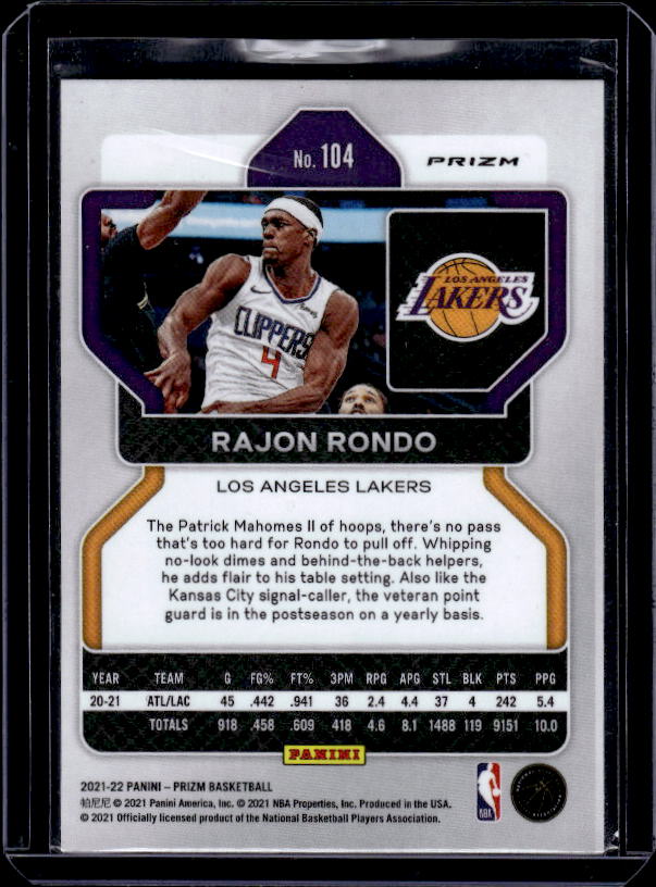 2021-22 Panini Prizm #104 Rajon Rondo Pink Ice