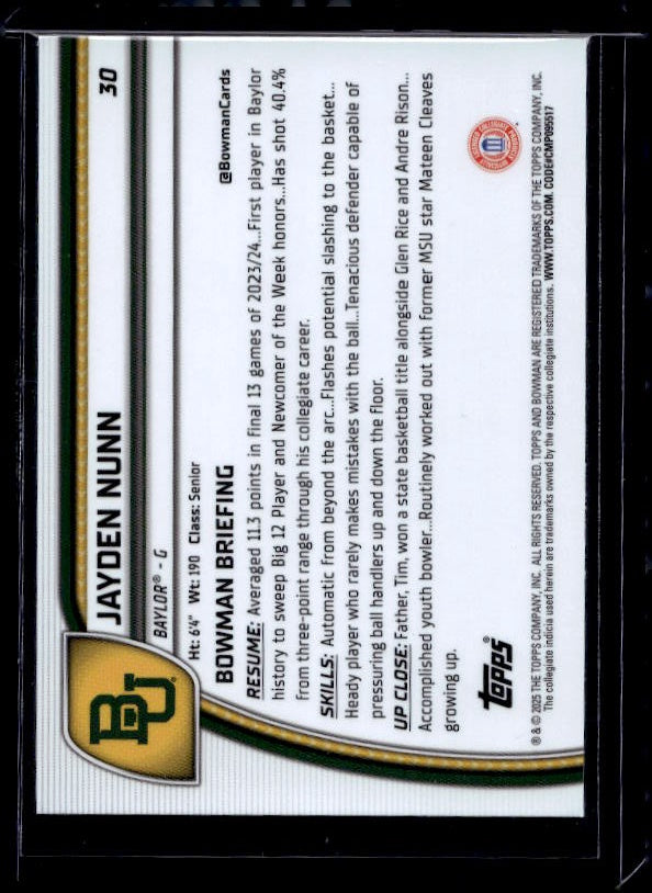 2024-25 Bowman University Chrome #30 Jayden Nunn Black Wave Refractor