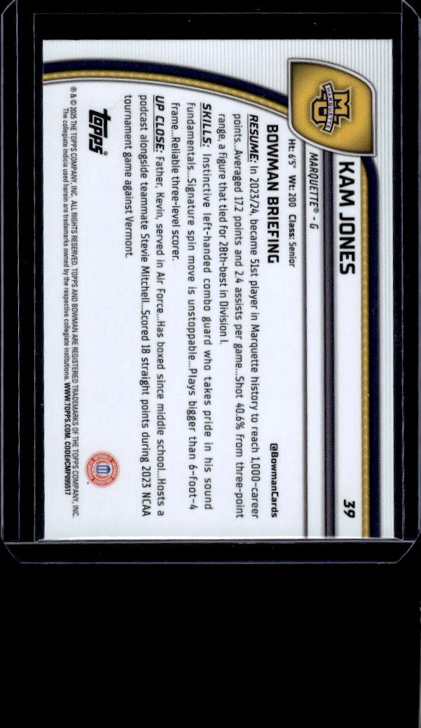 2024-25 Bowman University Chrome #39 Kam Jones Black Wave Refractor