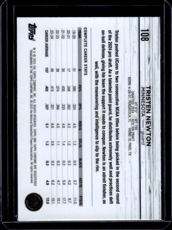 2024-25 Topps Chrome #108 Tristen Newton Pink Basketball Refractor