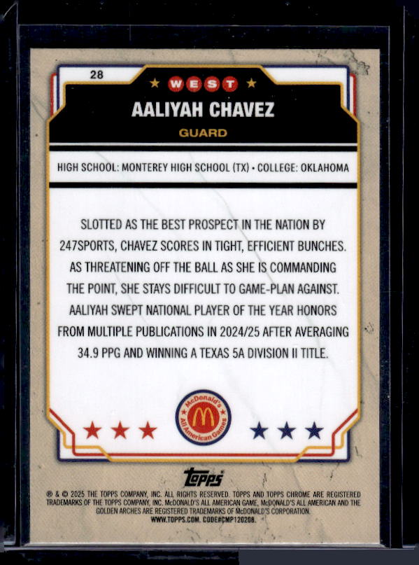 2025 Topps Chrome McDonald's All American #28 Aaliyah Chavez RayWave