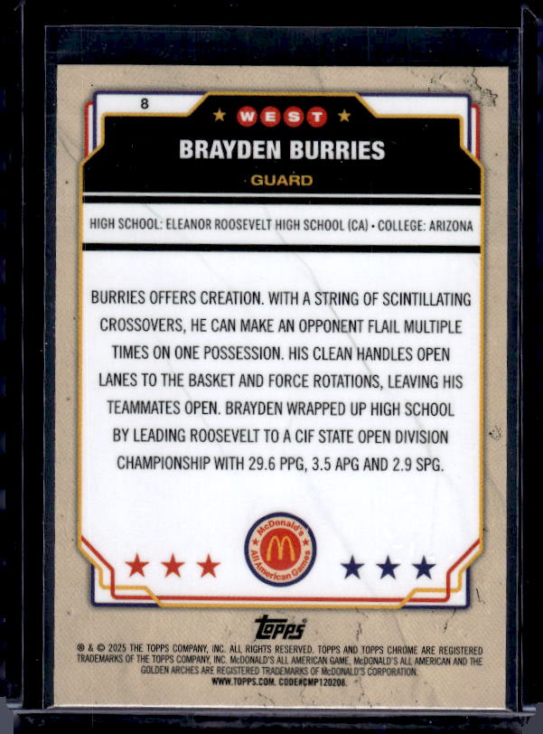 2025 Topps Chrome McDonald's All American #8 Brayden Burries Blue RayWave