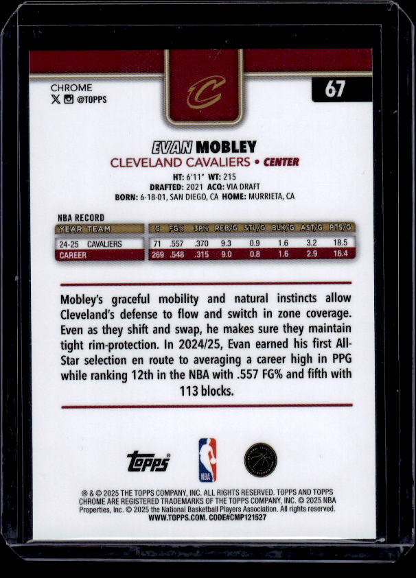2025-26 Topps Chrome #67 Evan Mobley Skylight Refractor