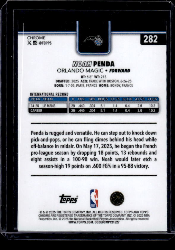 2025-26 Topps Chrome #282 Noah Penda Skylight Refractor