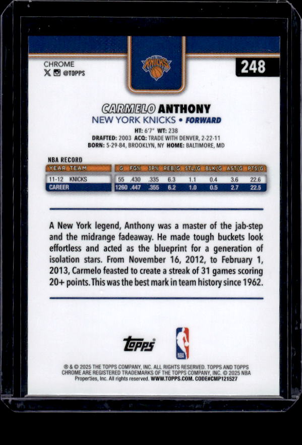 2025-26 Topps Chrome #248 Carmelo Anthony Skylight Refractor