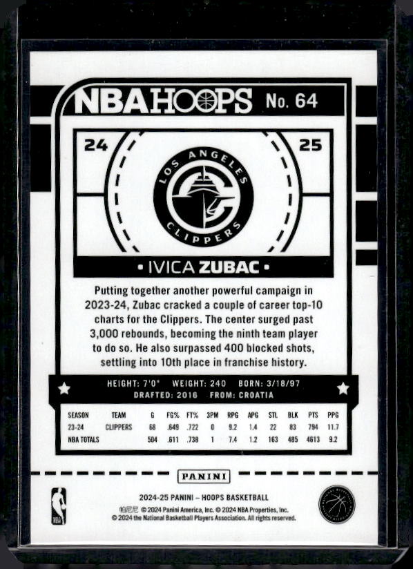2024-25 Hoops #64 Ivica Zubac Silver #/199