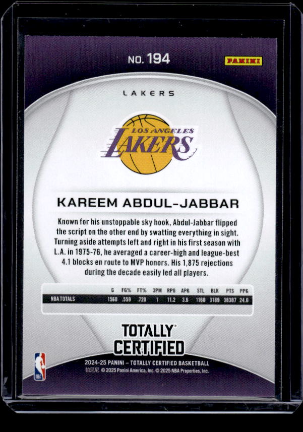 2024-25 Panini Totally Certified #194 Kareem Abdul-Jabbar