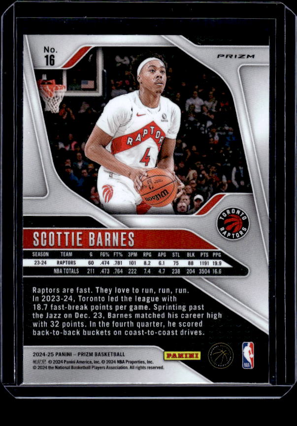 2024-25 Panini Prizm #16 Scottie Barnes Prizms Orange Ice