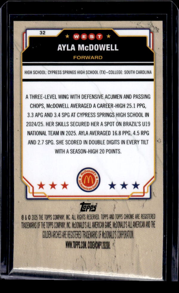 2025 Topps Chrome McDonald's All American #32 Ayla McDowell