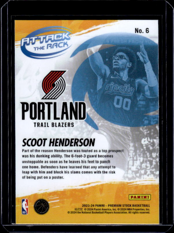 2023-24 Hoops Premium Stock #6 Scoot Henderson Attack The Rack Silver Prizm