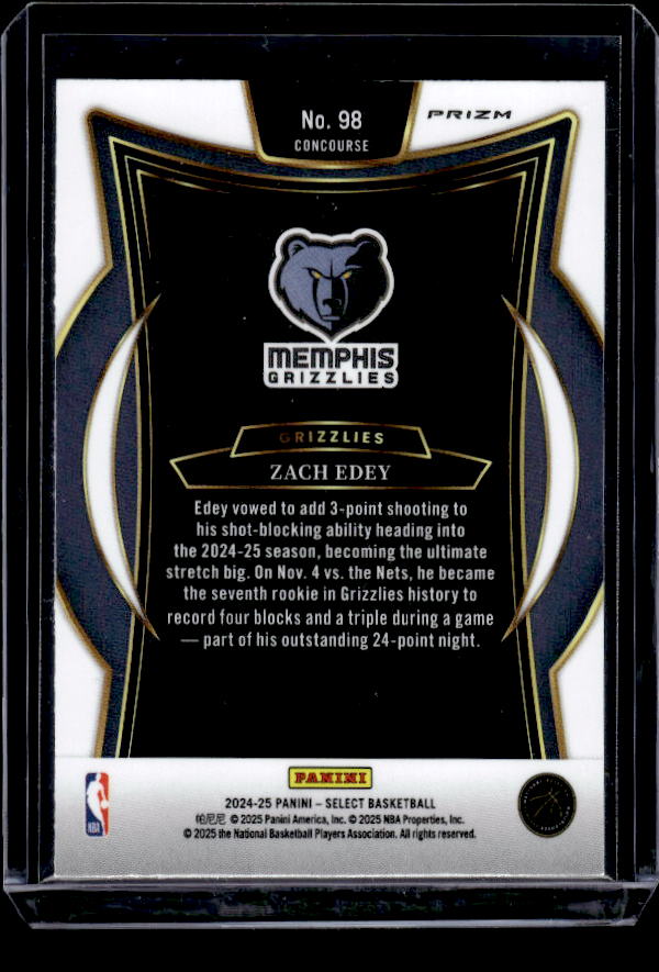 2024-25 Panini Select #98 Zach Edey Green White Purple Prizm