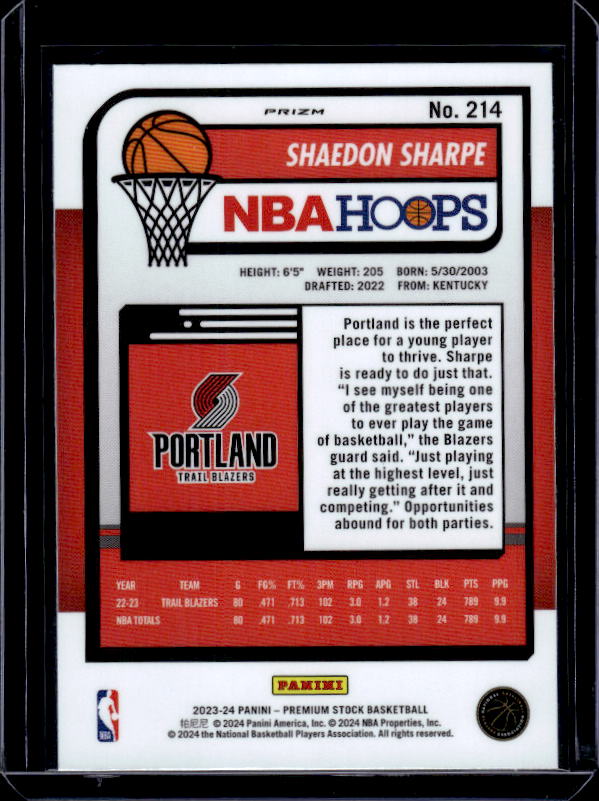 2023-24 Hoops Premium Stock #214 Shaedon Sharpe Ice Prizm