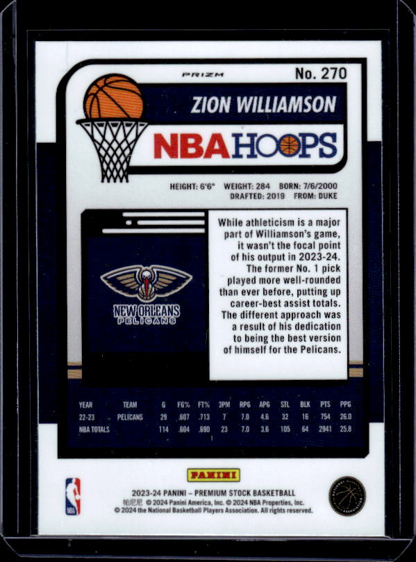 2023-24 Hoops Premium Stock #270 Zion Williamson Ice Prizm