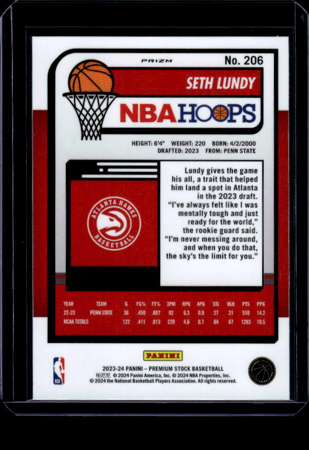 2023-24 Hoops Premium Stock #206 Seth Lundy Ice Prizm