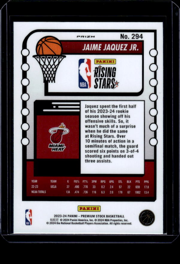 2023-24 Hoops Premium Stock #294 Jaime Jaquez Jr. Silver Prizm
