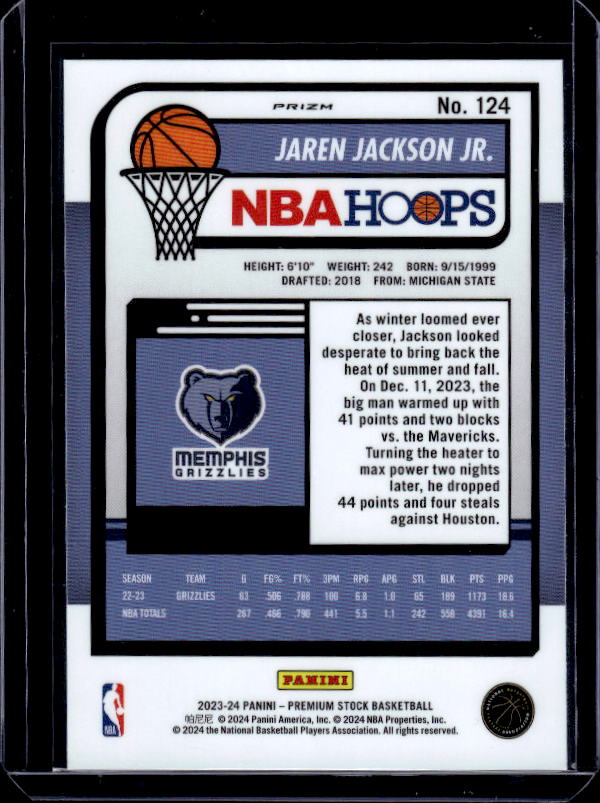2023-24 Hoops Premium Stock #124 Jaren Jackson Jr. Silver Prizm