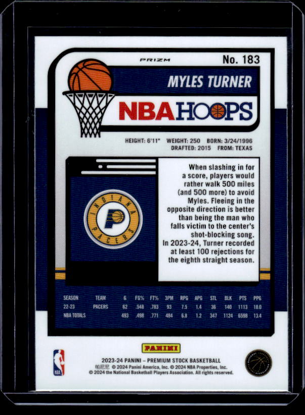 2023-24 Hoops Premium Stock #183 Myles Turner Ice Prizm