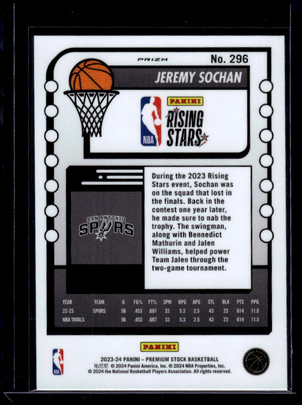2023-24 Hoops Premium Stock #296 Jeremy Sochan Ice Prizm