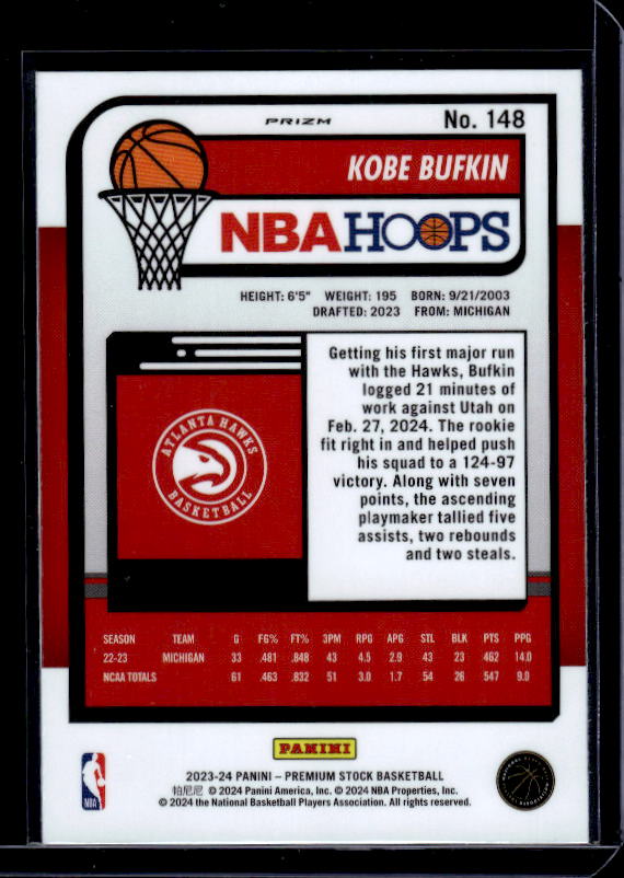 2023-24 Hoops Premium Stock #148 Kobe Bufkin Ice Prizm