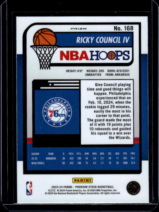 2023-24 Hoops Premium Stock #168 Ricky Council IV Ice Prizm