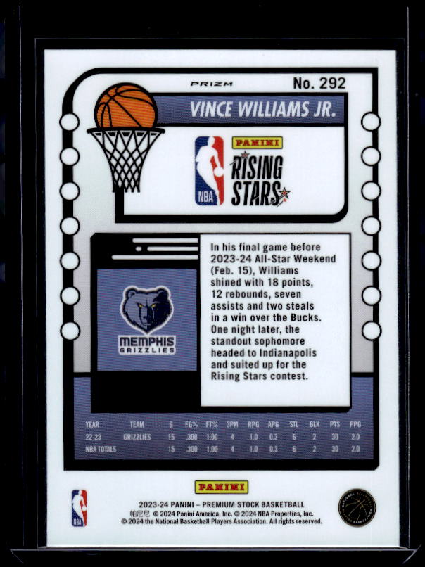 2023-24 Hoops Premium Stock #292 Vince Williams Jr. Ice Prizm