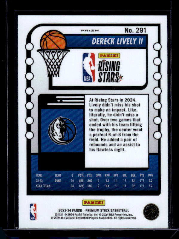 2023-24 Hoops Premium Stock #291 Dereck Lively II Ice Prizm