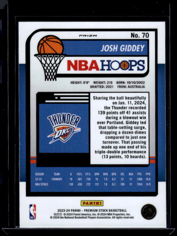 2023-24 Hoops Premium Stock #70 Josh Giddey Premium