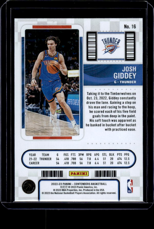 2022-23 Panini Contenders #16 Josh Giddey Season Ticket Premium Edition