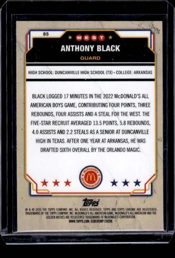 2025 Topps Chrome McDonald's All American #85 Anthony Black RayWave