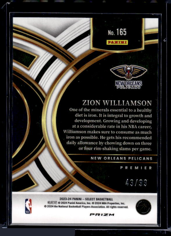2023-24 Panini Select #165 Zion Williamson Blue Flash Prizms #/99