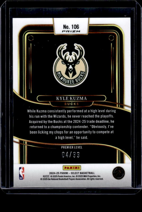 2024-25 Panini Select #106 Kyle Kuzma Purple Cracked Ice Prizm #/99