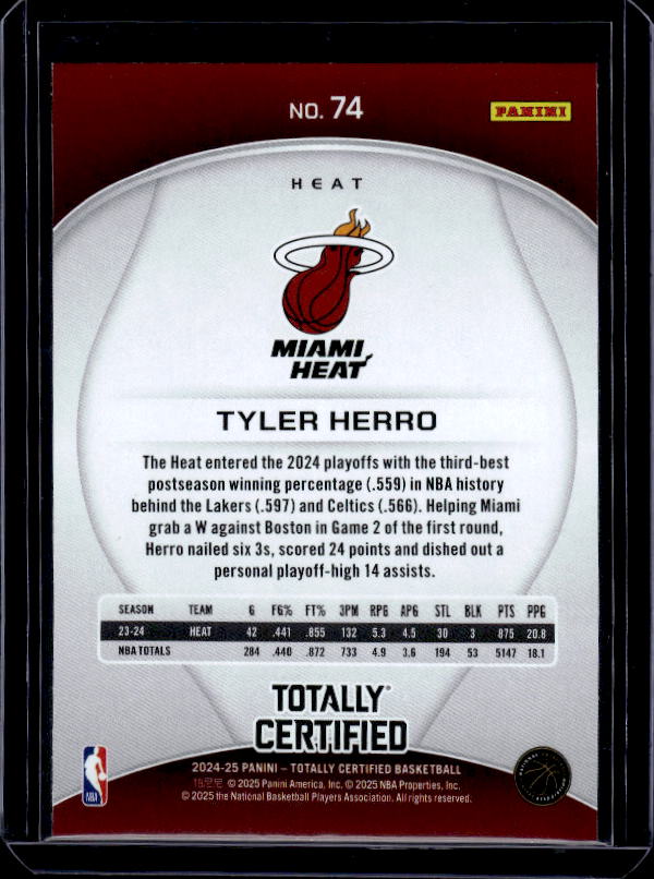 2024-25 Panini Totally Certified #74 Tyler Herro