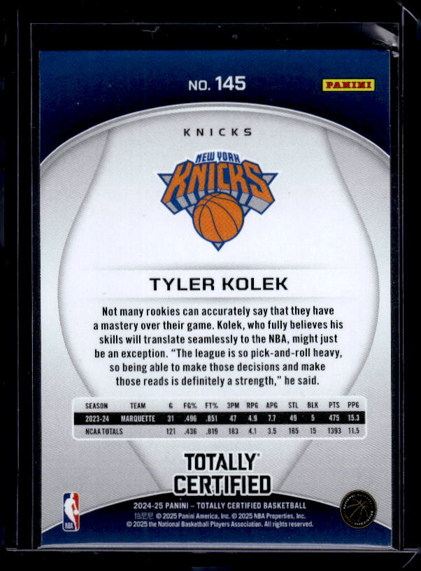 2024-25 Panini Totally Certified #145 Tyler Kolek Mirror Bronze