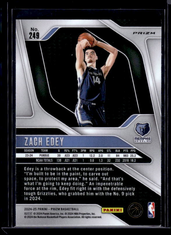 2024-25 Panini Prizm #249 Zach Edey Prizms Red White and Blue