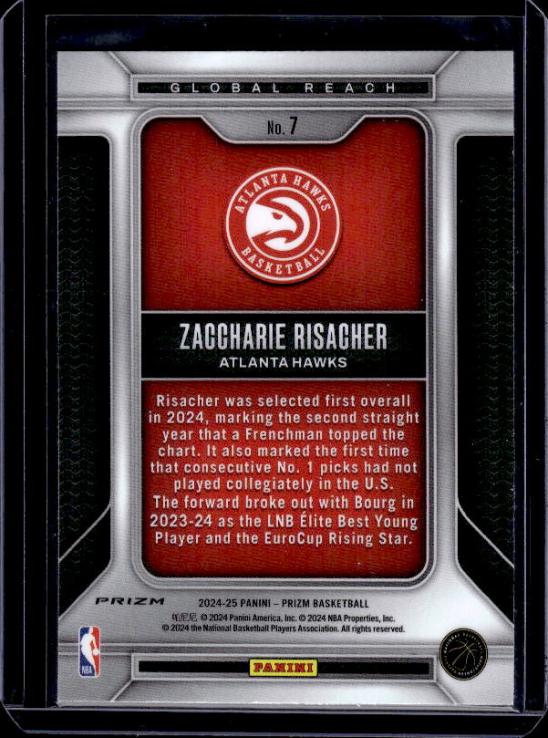 2024-25 Panini Prizm #7 Zaccharie Risacher Global Reach Prizms Silver