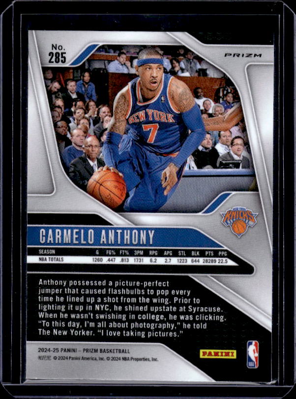 2024-25 Panini Prizm #285 Carmelo Anthony Prizms Silver