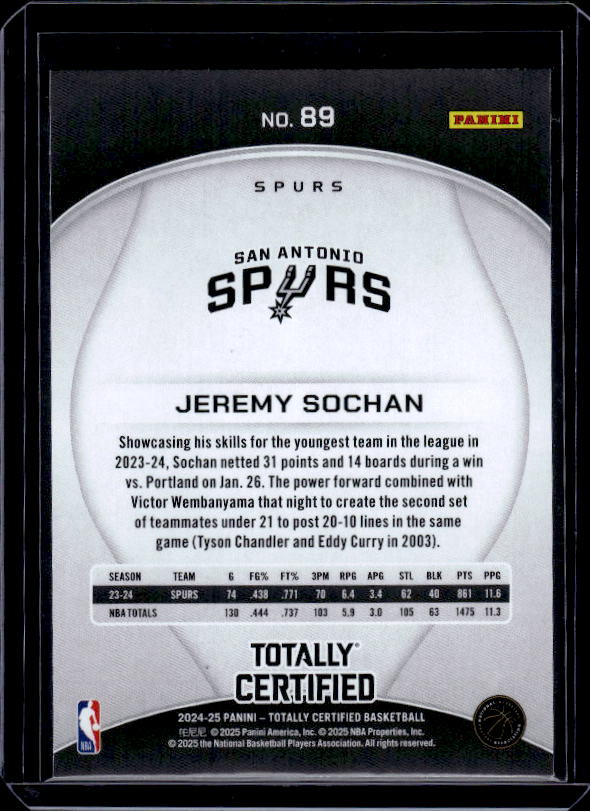 2024-25 Panini Totally Certified #89 Jeremy Sochan Mirror Maroon