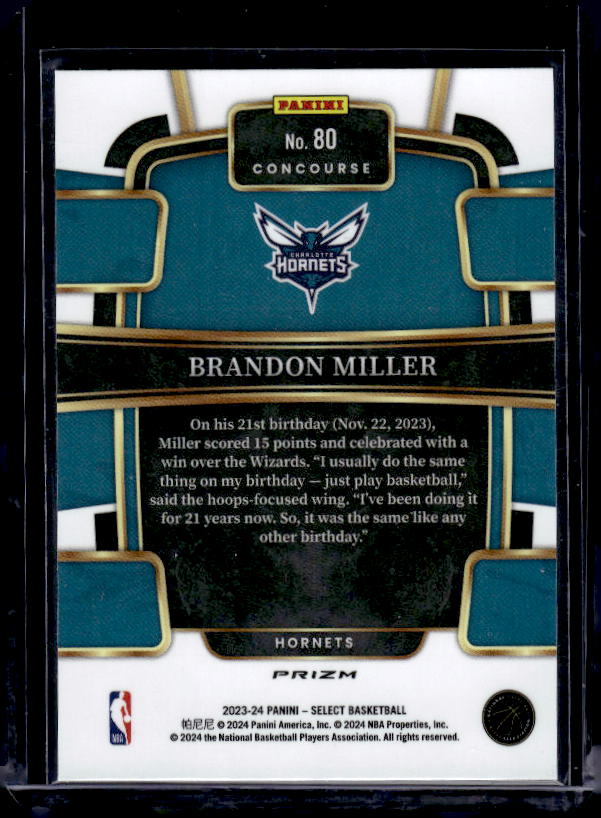 2023-24 Panini Select #80 Brandon Miller Green White Purple Prizms